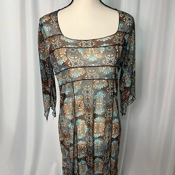 Brown, Tan & Blue Geometric Pattern Sheer Square Neck Dress or Cover-Up - Picture 2 of 10